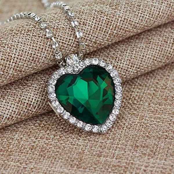 Green Crystal Heart Pendant Necklace | 14k Silver Plated Chain