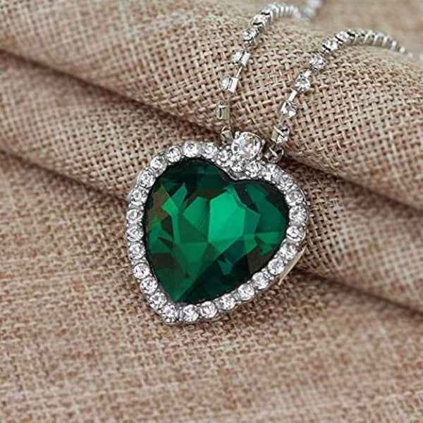 Green Crystal Heart Pendant Necklace | 14k Silver Plated Chain