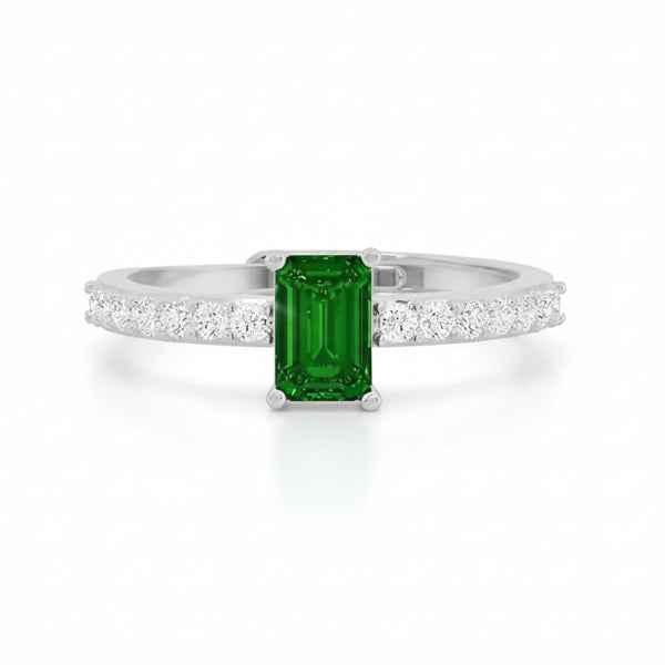 Green Emerald Ring: Silver Solitaire Band Adjustable Promise Ring