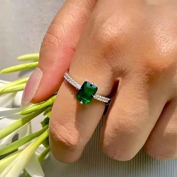Green Emerald Ring: Silver Solitaire Band Adjustable Promise Ring