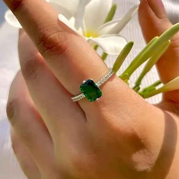 Green Emerald Ring: Silver Solitaire Band Adjustable Promise Ring