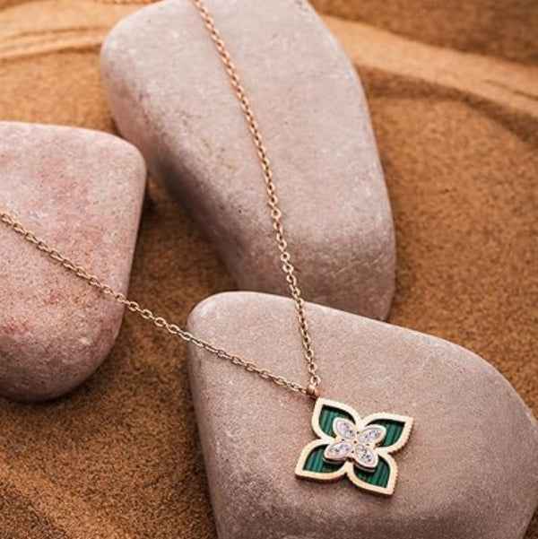 Rose Gold Plated Green Floral Pendant Necklace | Women's Daily Jewelry