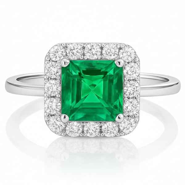 Green Gemstone Halo Ring - Shimmering Emerald Cut Statement Band Ring