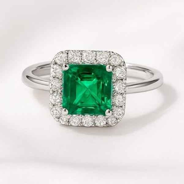 Green Gemstone Halo Ring - Shimmering Emerald Cut Statement Band Ring
