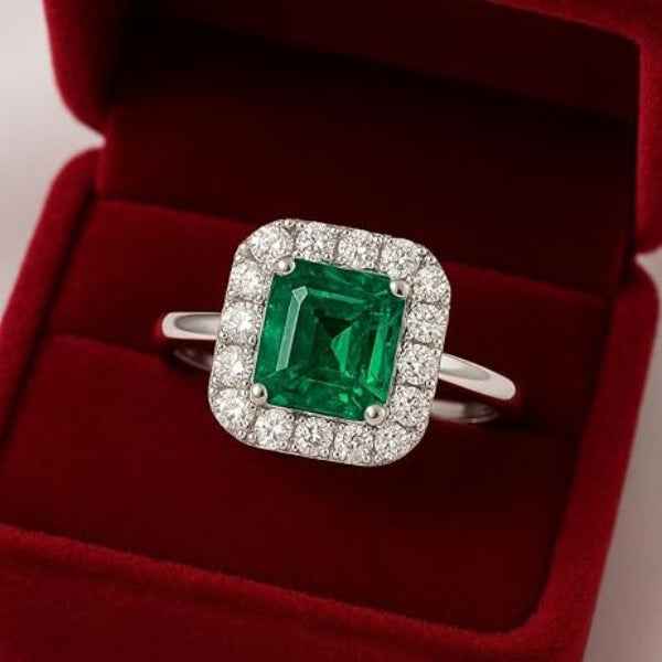 Green Gemstone Halo Ring - Shimmering Emerald Cut Statement Band Ring