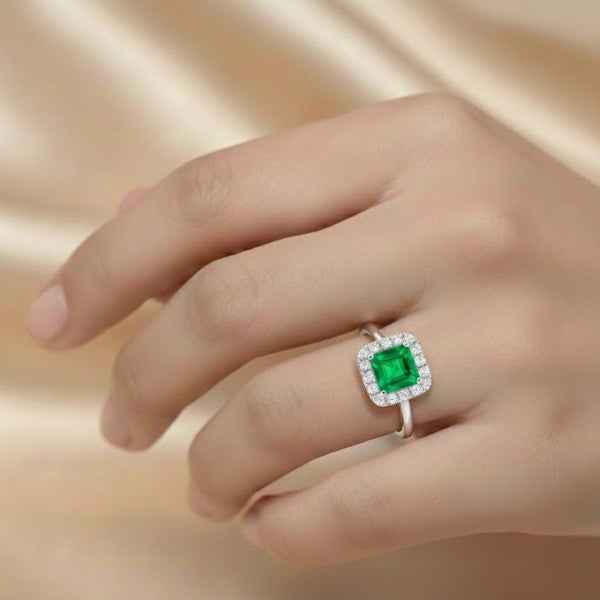 Green Gemstone Halo Ring - Shimmering Emerald Cut Statement Band Ring