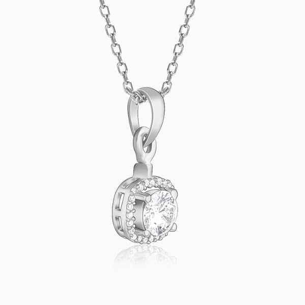 Sparkling Halo Necklace | Round Pendant Diamond Look Silver