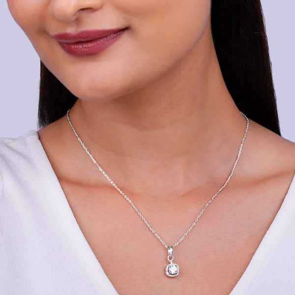 Sparkling Halo Necklace | Round Pendant Diamond Look Silver