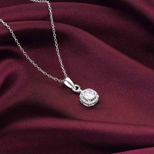 Sparkling Halo Necklace | Round Pendant Diamond Look Silver