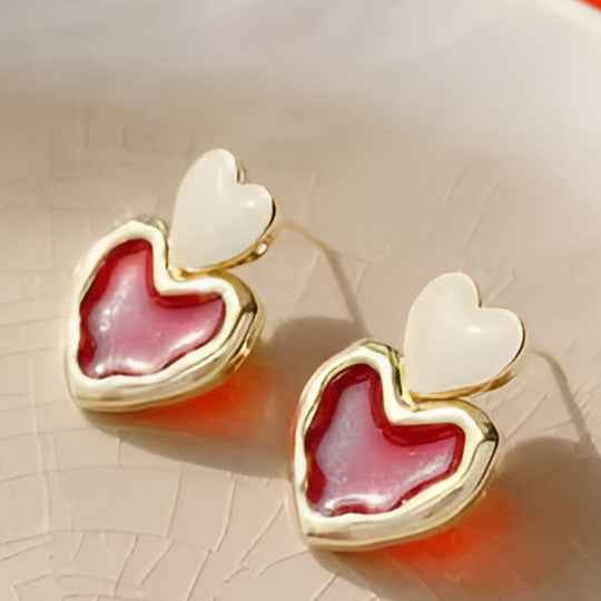 Red Heart Drop Earrings: Dainty Gold Romantic Jewelry for Women