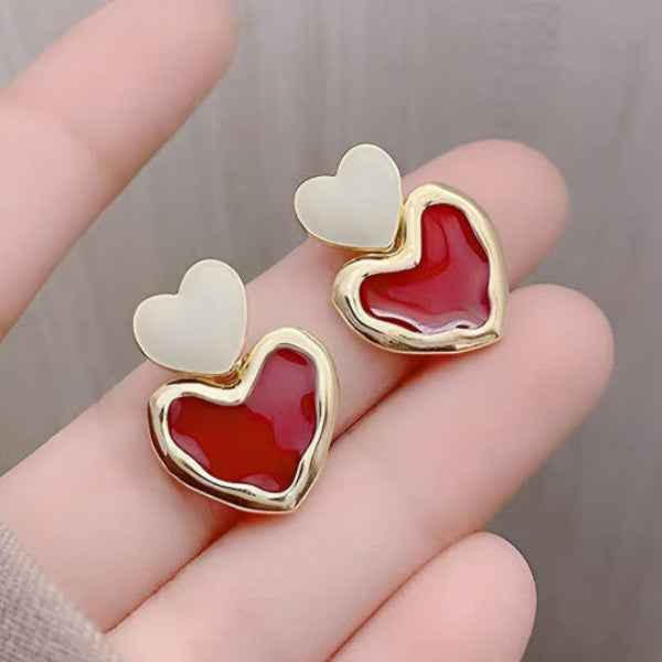 Red Heart Drop Earrings: Dainty Gold Romantic Jewelry for Women