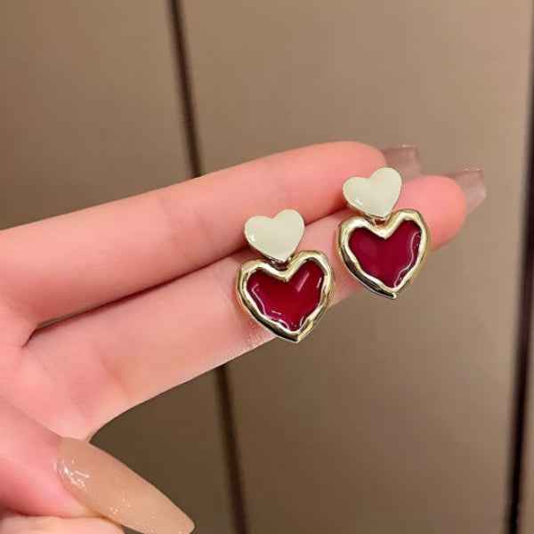 Red Heart Drop Earrings: Dainty Gold Romantic Jewelry for Women