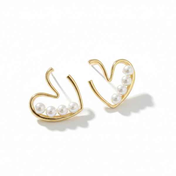 Heart Pearl Stud Earrings - Shimmering Gold Outline Romantic Jewelry