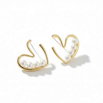 Heart Pearl Stud Earrings - Shimmering Gold Outline Romantic Jewelry