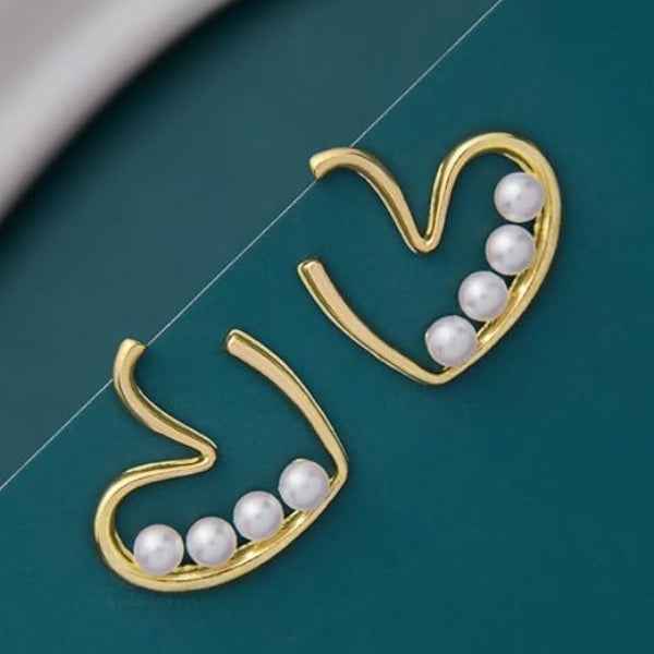 Heart Pearl Stud Earrings - Shimmering Gold Outline Romantic Jewelry