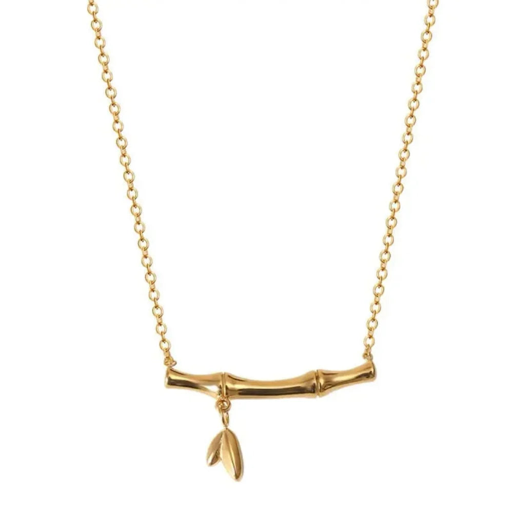 Pack of 2 Gold Plated Bamboo Necklace & Bamboo Bangle Bracelet | Dainty Bar Pendant with Polished Jointed Cuff