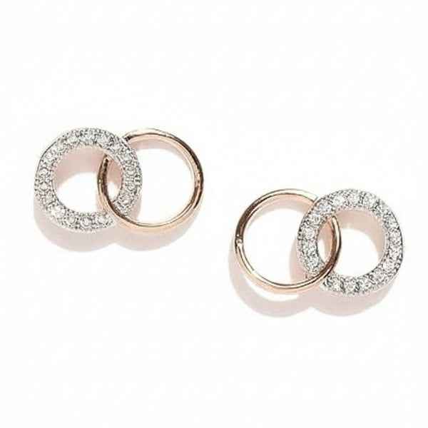 Rose Gold Interlocking Circle Earrings with Pave Zirconia Studs