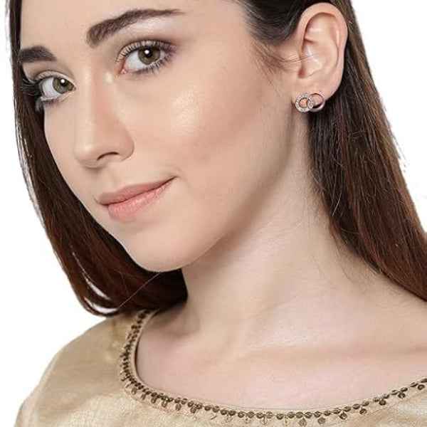 Rose Gold Interlocking Circle Earrings with Pave Zirconia Studs
