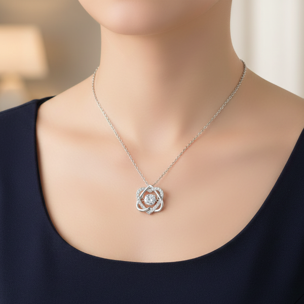 Interlocking Heart Necklace | Silver Dancing Stone Romantic Jewelry