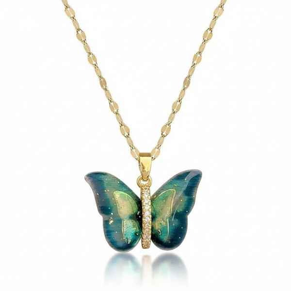 Vibrant Iridescent Butterfly Necklace on Dainty Gold Chain