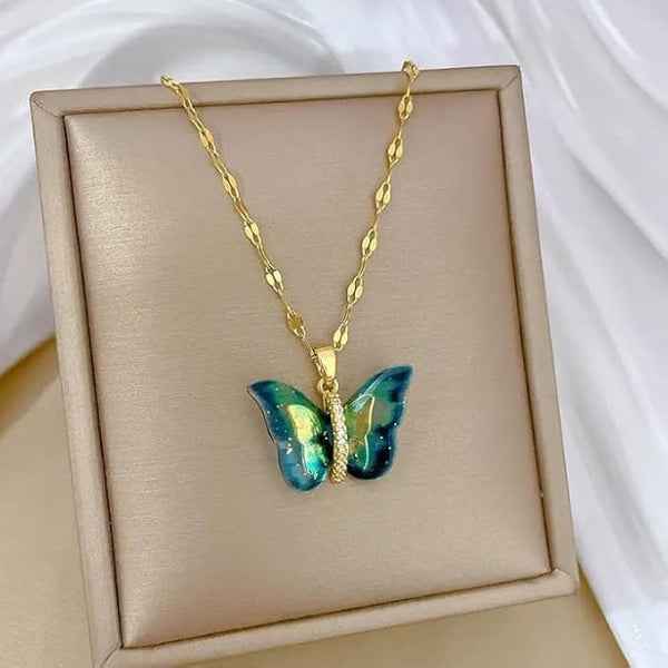 Vibrant Iridescent Butterfly Necklace on Dainty Gold Chain