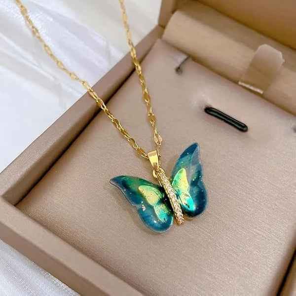 Vibrant Iridescent Butterfly Necklace on Dainty Gold Chain