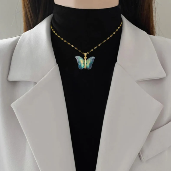 Vibrant Iridescent Butterfly Necklace on Dainty Gold Chain