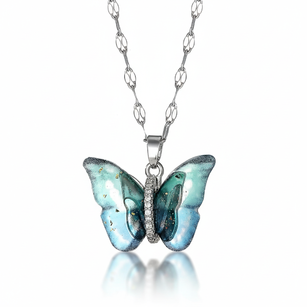 Sparkling Iridescent Butterfly Necklace on Dainty Silver Chain