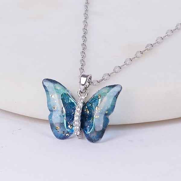 Sparkling Iridescent Butterfly Necklace on Dainty Silver Chain