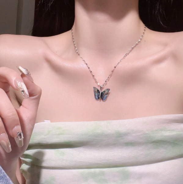 Sparkling Iridescent Butterfly Necklace on Dainty Silver Chain