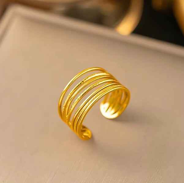 Gold Layered Abstract Statement Ring - Shimmering Wide Open Band Ring