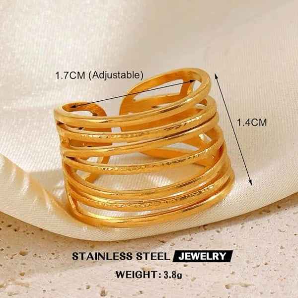 Gold Layered Abstract Statement Ring - Shimmering Wide Open Band Ring