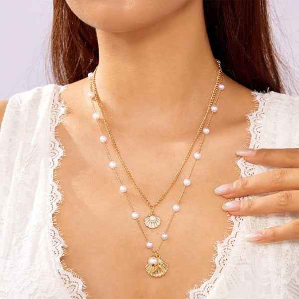 Chic Layered Beach Shell Necklace | Gold Pearl Summer Jewelry