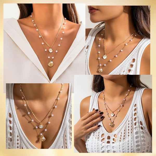 Chic Layered Beach Shell Necklace | Gold Pearl Summer Jewelry
