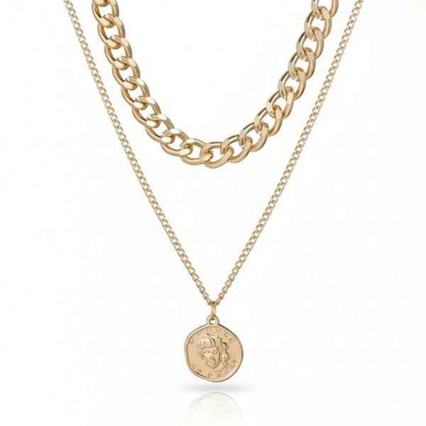 Layered Chain 14k Gold Plated Coin Pendant Necklace for Women