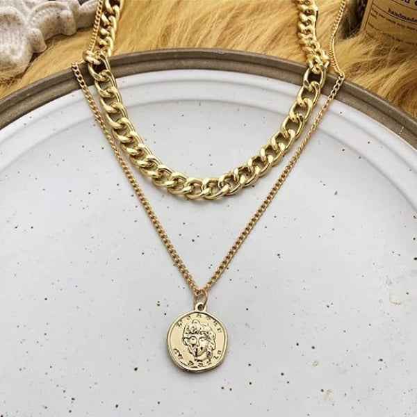 Layered Chain 14k Gold Plated Coin Pendant Necklace for Women