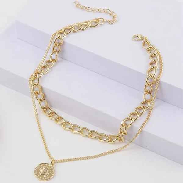 Layered Chain 14k Gold Plated Coin Pendant Necklace for Women