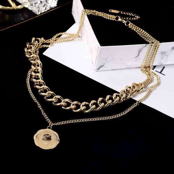 Layered Chain 14k Gold Plated Coin Pendant Necklace for Women