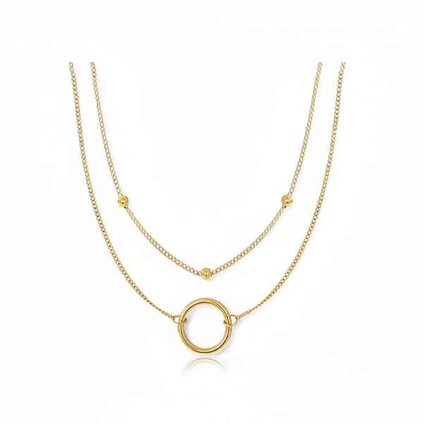 Layered Circle Necklace - Gold Double Chain Bead Pendant Jewelry