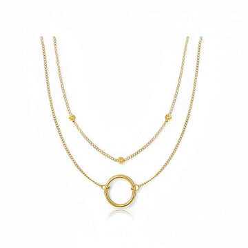 Layered Circle Necklace - Gold Double Chain Bead Pendant Jewelry
