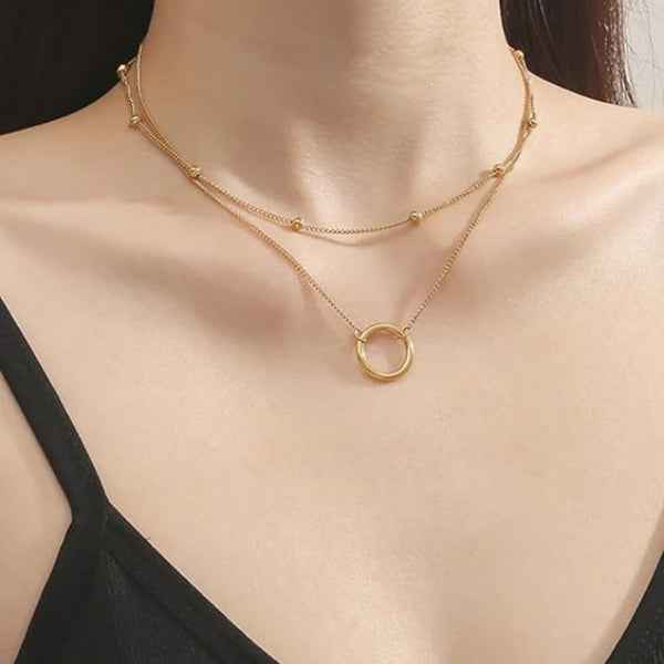 Layered Circle Necklace - Gold Double Chain Bead Pendant Jewelry