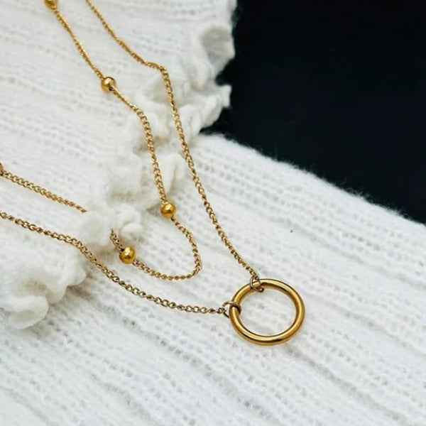Layered Circle Necklace - Gold Double Chain Bead Pendant Jewelry