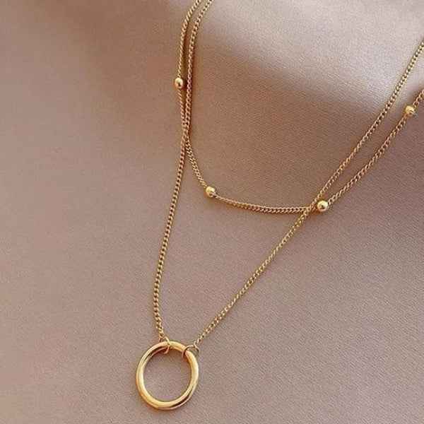 Layered Circle Necklace - Gold Double Chain Bead Pendant Jewelry