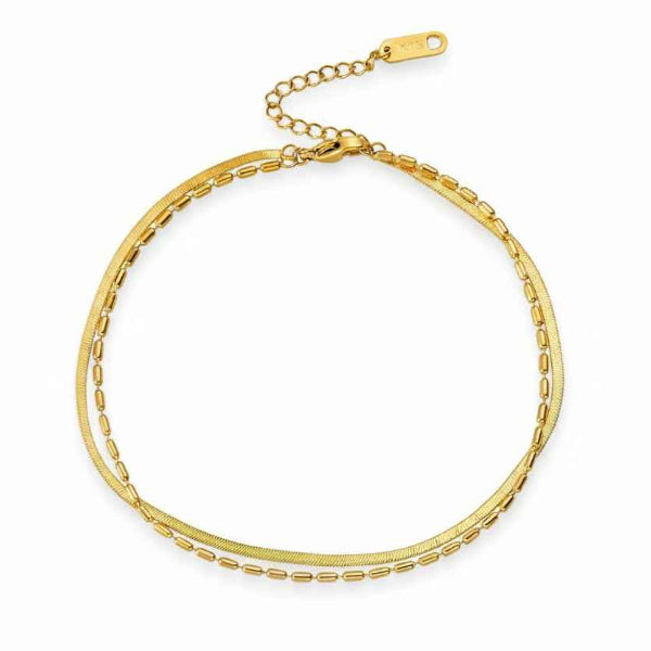 Layered Gold Anklet - Herringbone Bead Chain Bracelet for Women