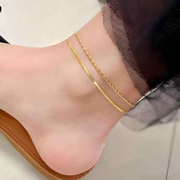 Layered Gold Anklet - Herringbone Bead Chain Bracelet for Women