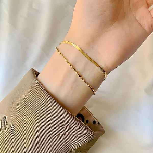 Layered Gold Anklet - Herringbone Bead Chain Bracelet for Women