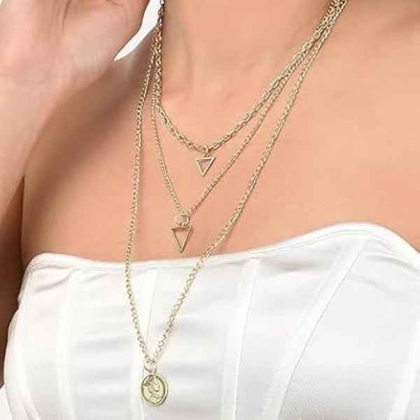 Chic Layered Necklace Set | Gold Coin and Triangle Pendant Jewelry