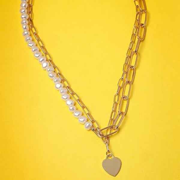 Layered Gold Necklace: Chic Pearl Chain and Heart Pendant Set