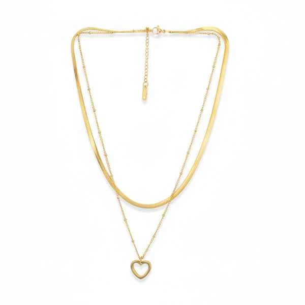 Layered Gold Heart Necklace | Timeless Herringbone & Bead Chain