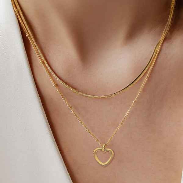 Layered Gold Heart Necklace | Timeless Herringbone & Bead Chain